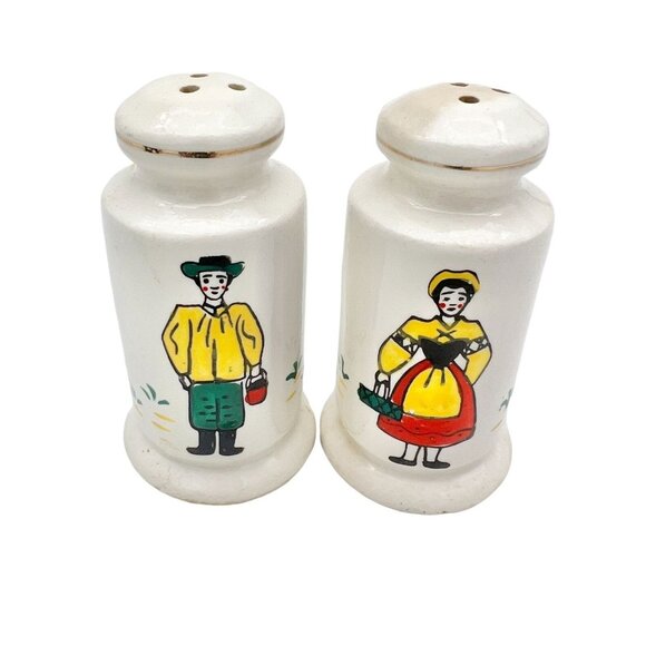 Vintage Ceramic Salt & Pepper Shakers With Hand-Painted Folk Art Design 3.5 in - Picture 1 of 6